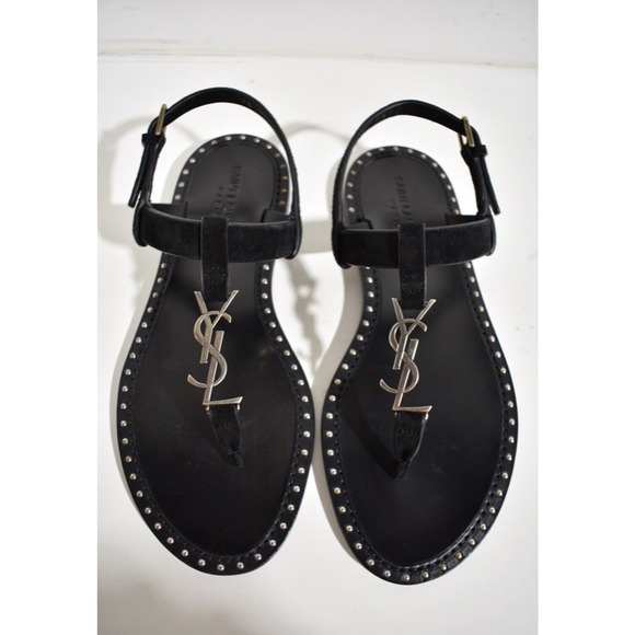 Saint Laurent YSL Logo Iota 05 Black Suede Studded Thong Slide Flat Sandal 35 - Picture 8 of 12
